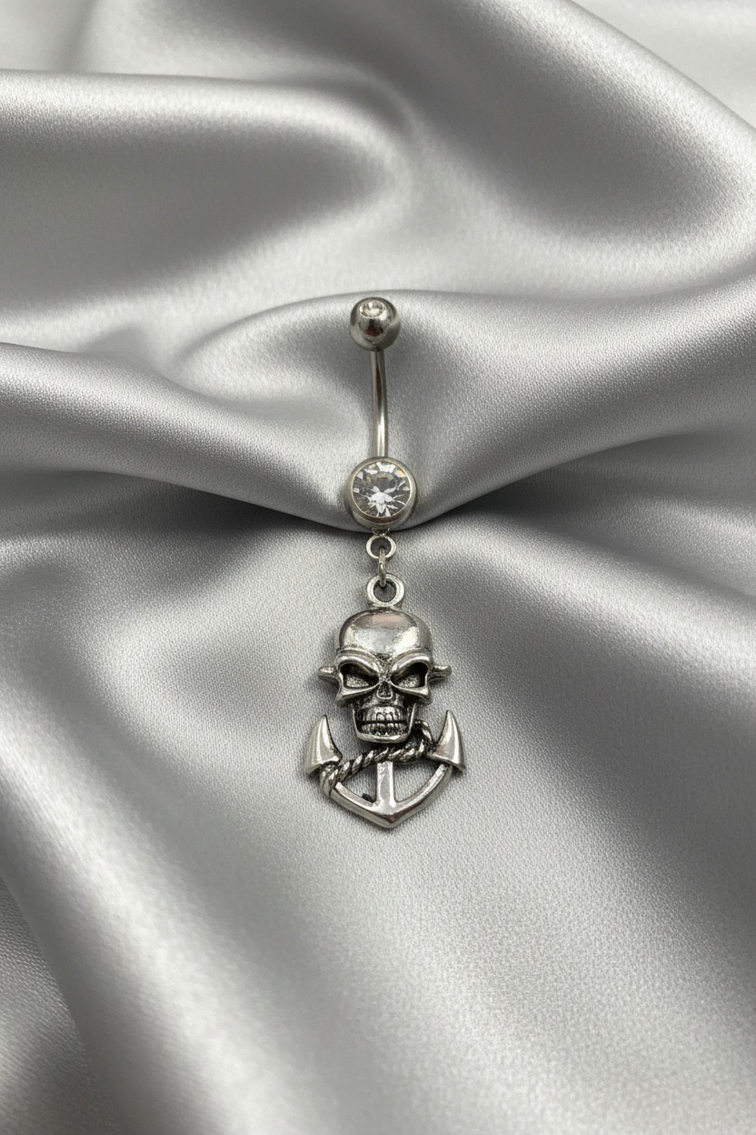 Clear Crystal Skull Anchor Belly Button Ring in 316l stainless steel.