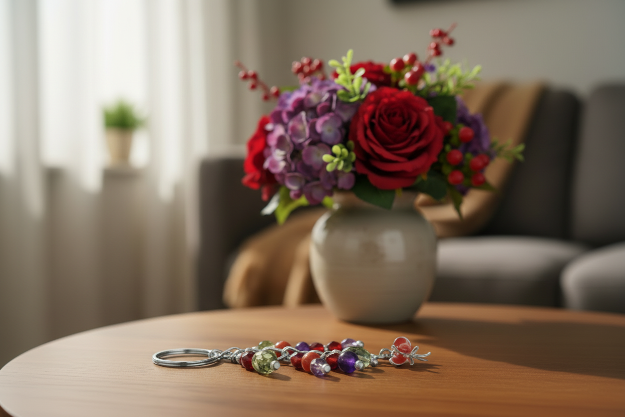 Little Red Enamel Hat Handmade Beaded Keychain in a living room on  a table next to a vase of red and purple flowers.
