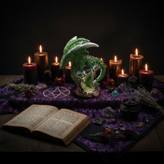 Green Sparkle Dragon with Geode Resin Figurine - Mystical Home Decor on a spiritual altar.