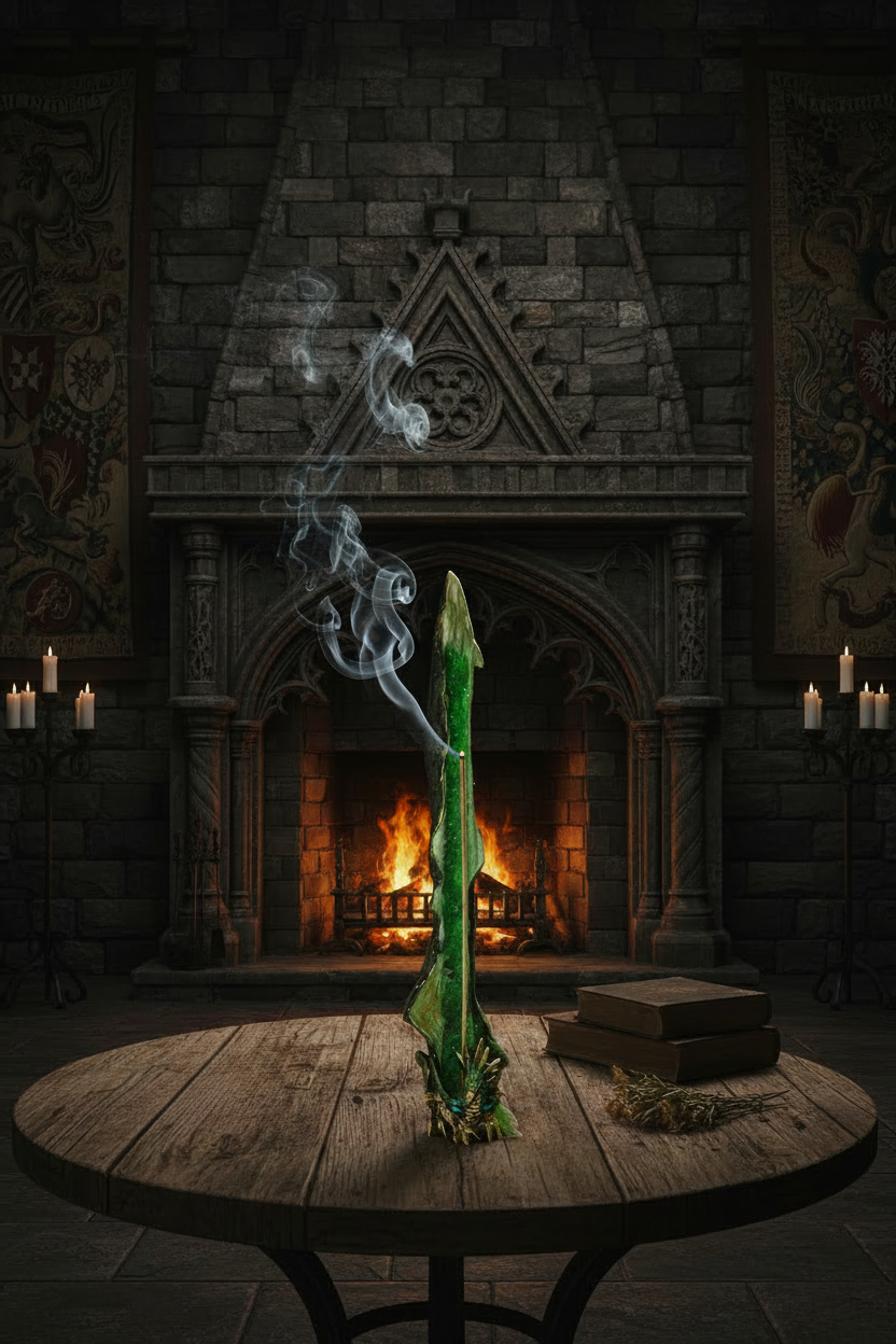 Green Standing Dragon Resin Incense Holder - Free Incense on a wooden table in front of a fireplace in a medieval castle setting with incense burning and smoke rising.