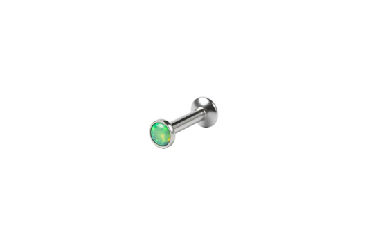 Internally Threaded Green Opal Labret Lip Ring in 316l stainless steel angled view.