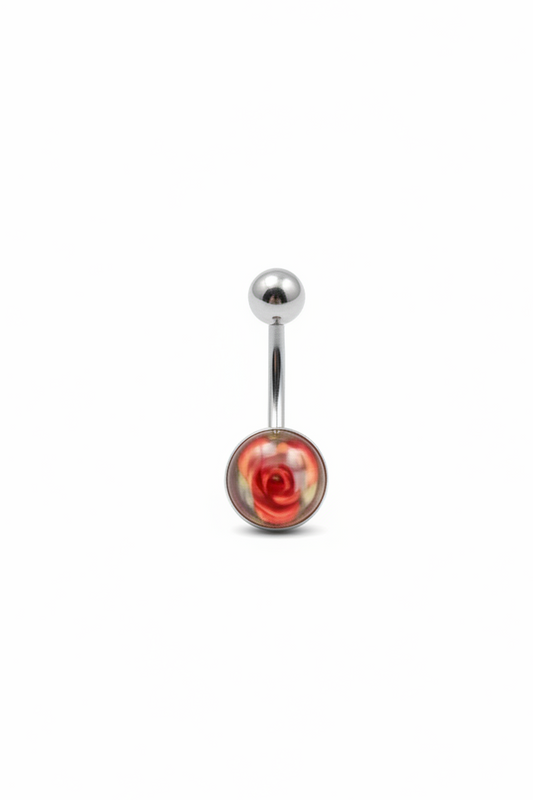 Red Rose Acrylic belly button ring in 316l stainless steel