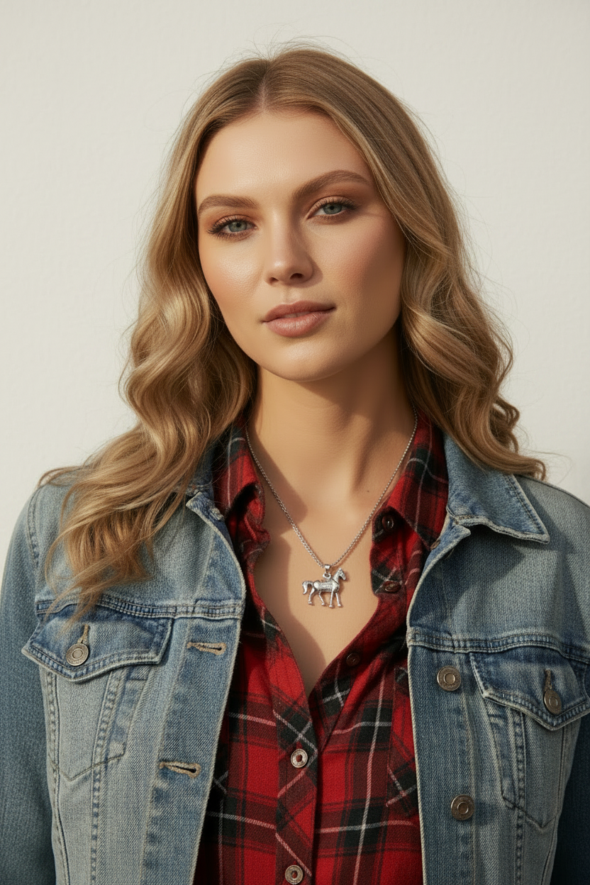 Quarter Horse Steel Chain Necklace in 316l stainless steel on a female model.