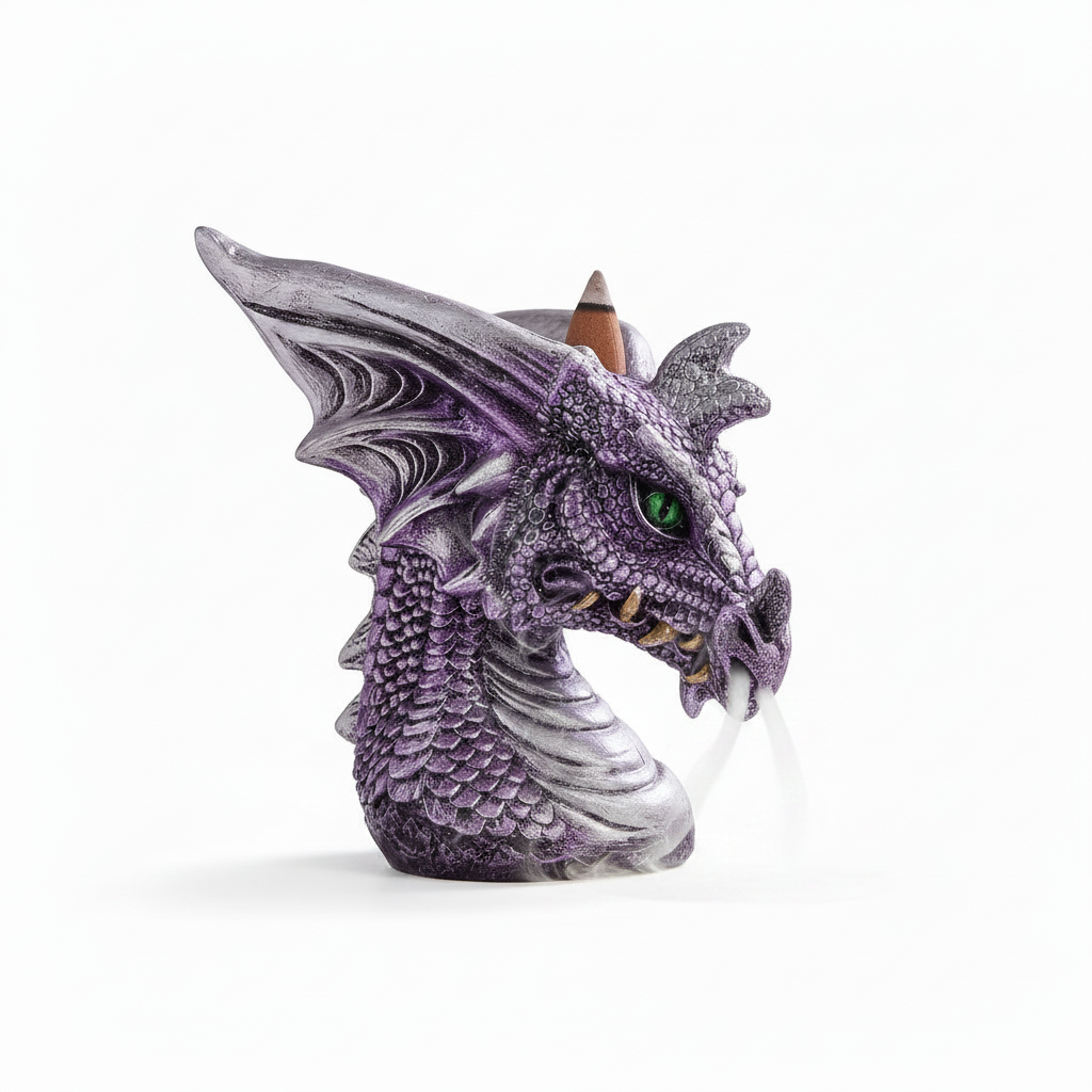 Medieval Purple Dragon Back Flow Resin Incense Burner - Free Incense on a white background with incense burning and smoke cascading downwards.