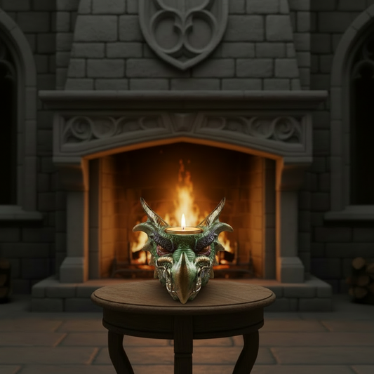 Mystical Rainbow Dragon Head Resin Tea Light Candle Holder on a round wooden table in front of a stone fireplace with a burning fire and the candle lit showing a warm glow.