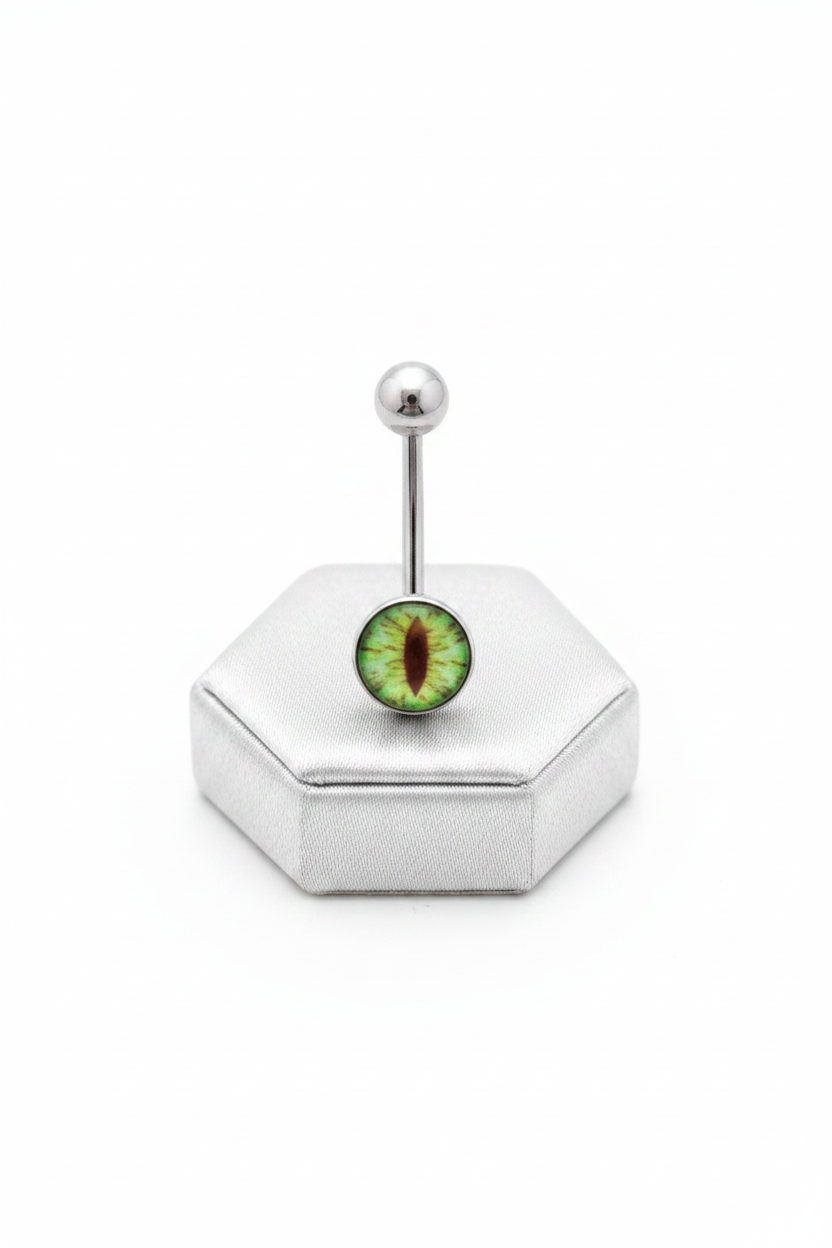 Green Snake Eye Belly Button Ring in 316l stainless steel on a silver jewelry display upright position.