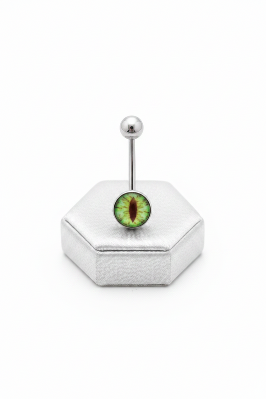 Green Snake Eye Belly Button Ring in 316l stainless steel on a silver jewelry display upright position.