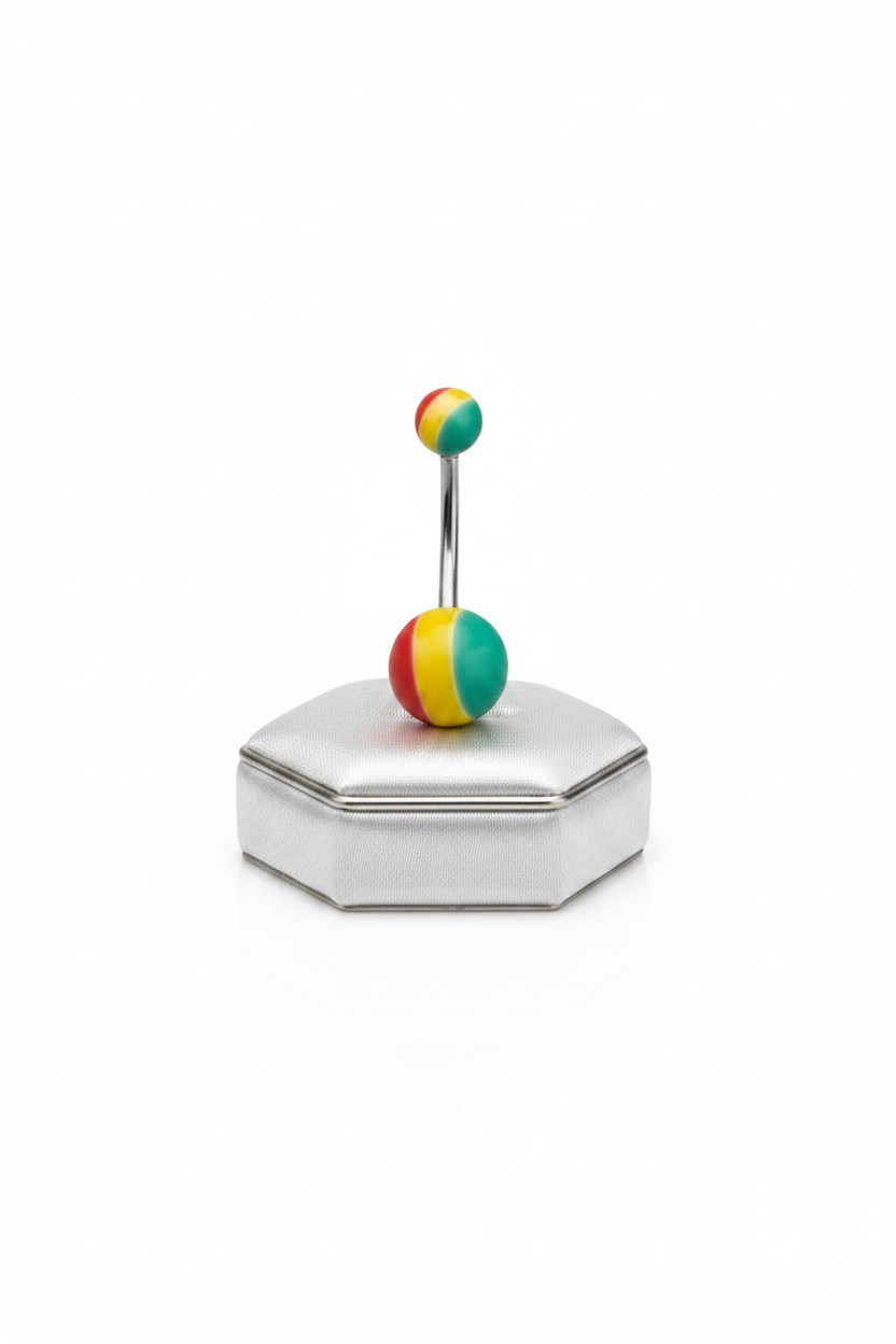 Rastafarian Striped Acrylic Belly Button Ring in 316l stainless steel on a silver jewelry display.