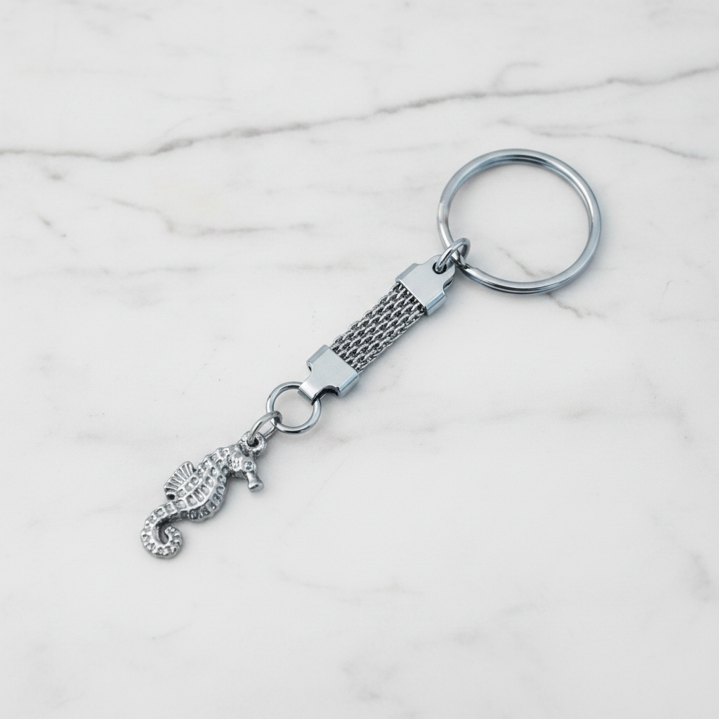 Sea Horse Handmade Silver Plated Charm Keychain on a white marble surface.