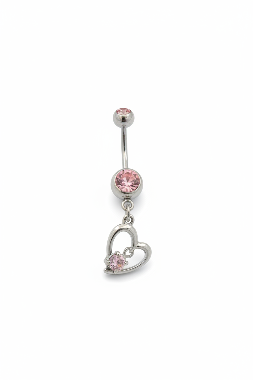 Pink Crystal Heart Belly Button Ring in 316l stainless steel close up detail.