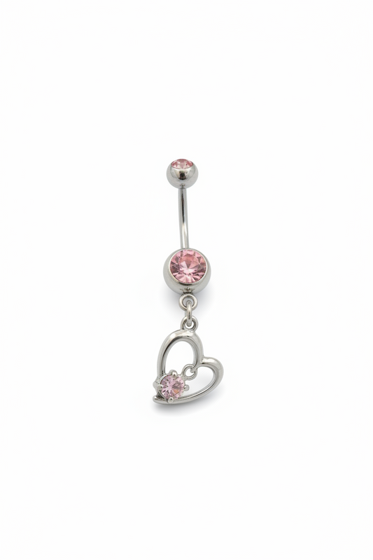 Pink Crystal Heart Belly Button Ring in 316l stainless steel close up detail.