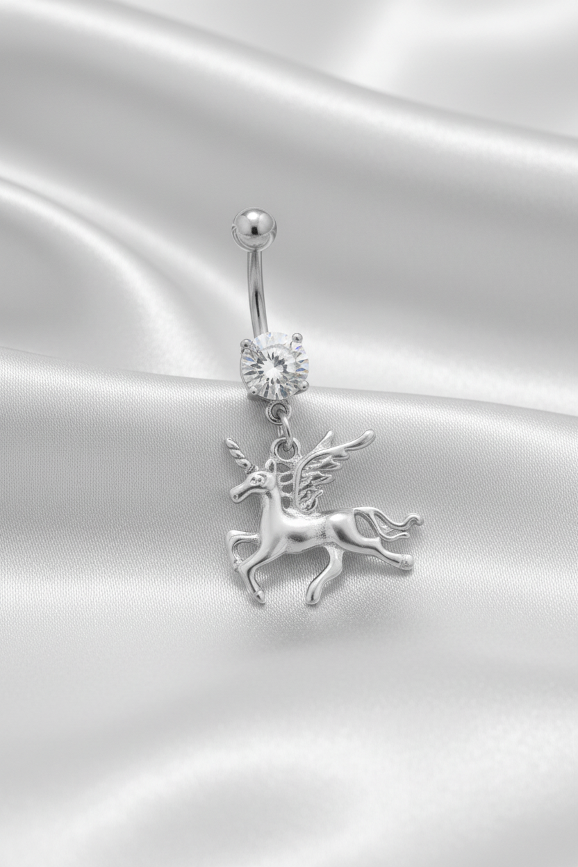 Clear Crystal Pegasus Unicorn Belly Button Ring in 316l stainless steel.