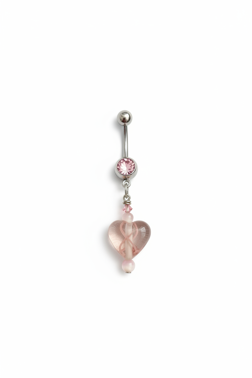 Pink Crystal Hope Ribbon Heart Belly Button Ring in 316l stainless steel close up detail.