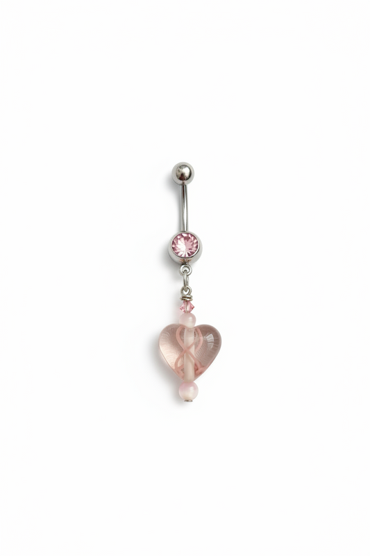 Pink Crystal Hope Ribbon Heart Belly Button Ring in 316l stainless steel close up detail.