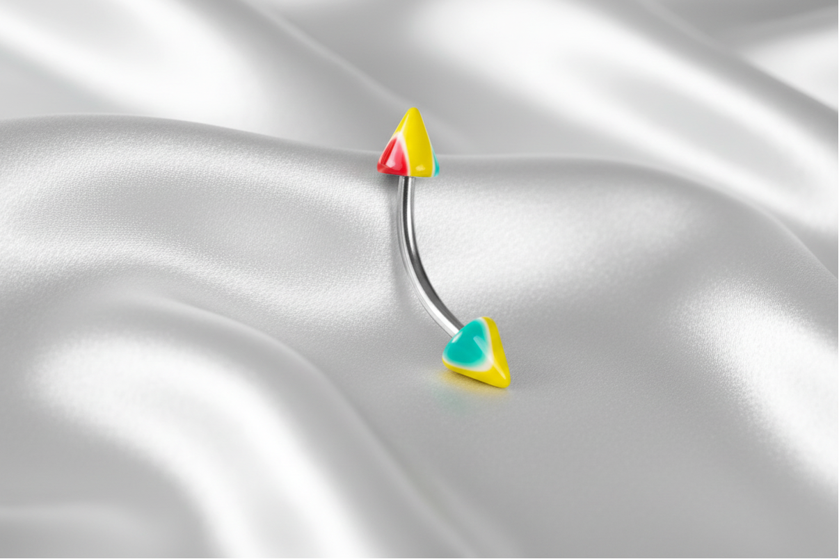 Yellow Multicolor Acrylic Spike Eyebrow Ring in 316l stainless steel.