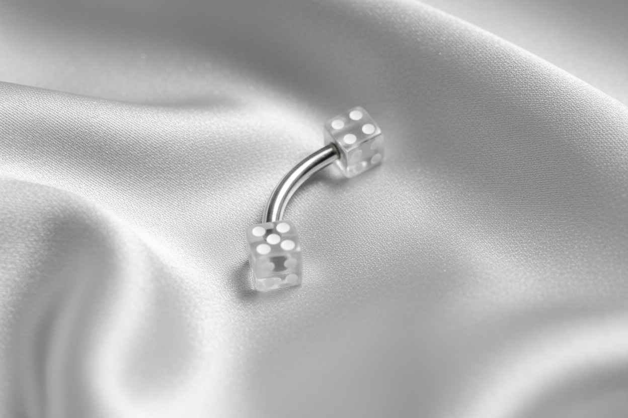 Clear Acrylic Dice Eyebrow Ring in 316l stainless steel.