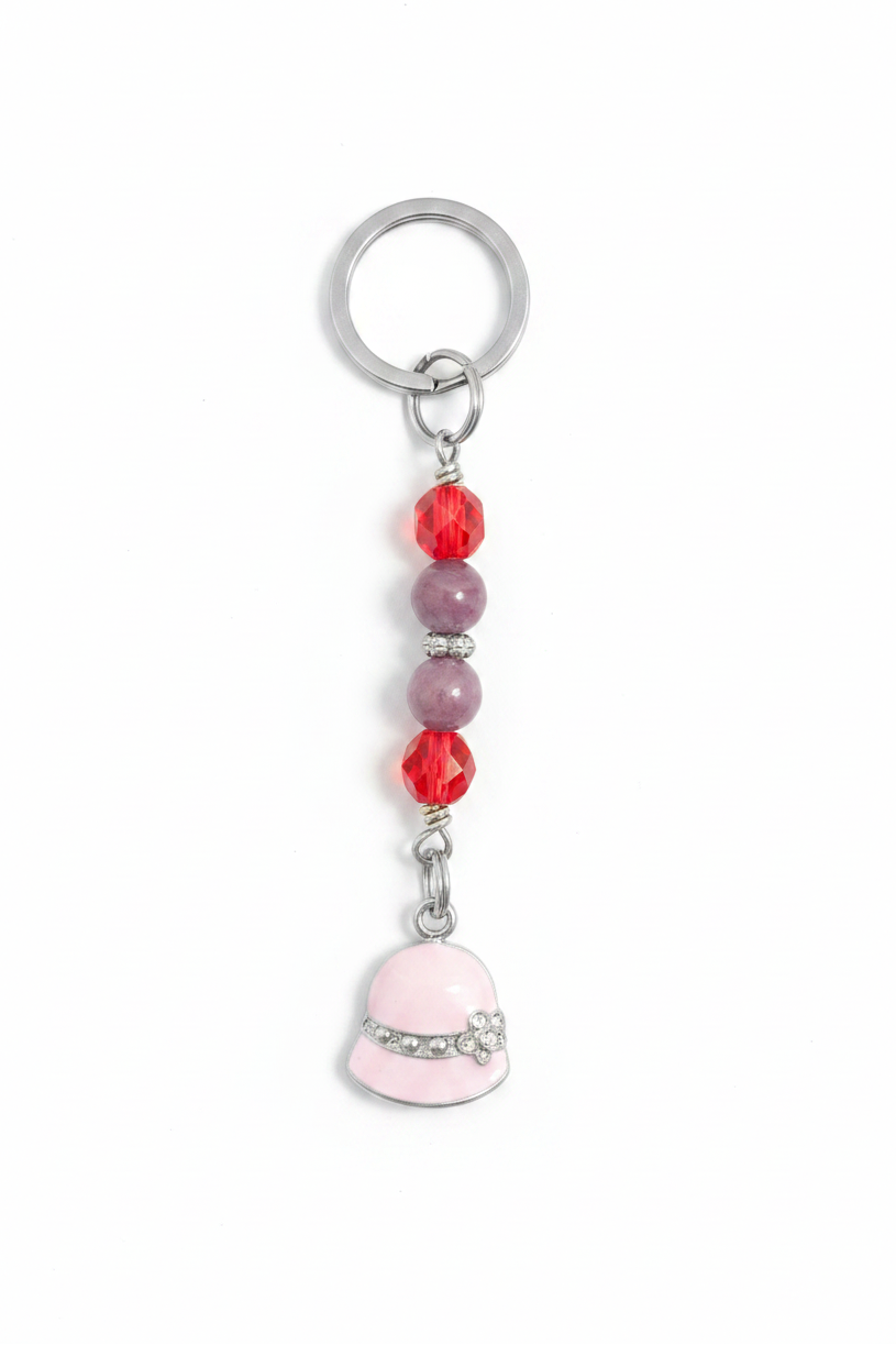 Pink Enamel Hat Handmade Beaded Mini Keychain on a white background.
