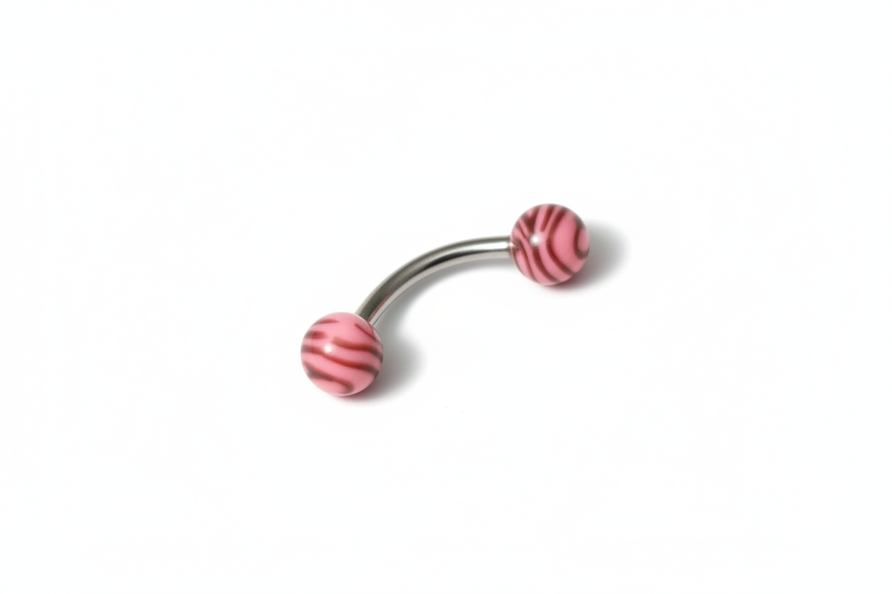 Pink and Black Tiger Striped Acrylic Eyebrow Ring in 316l stainless steel close up detail.