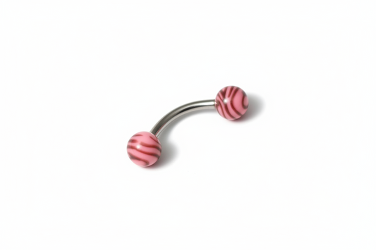 Pink and Black Tiger Striped Acrylic Eyebrow Ring in 316l stainless steel close up detail.