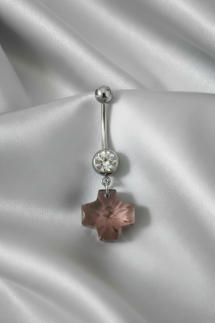 Purple Swarovski Crystal Cross Belly Button Ring in 316l stainless steel.