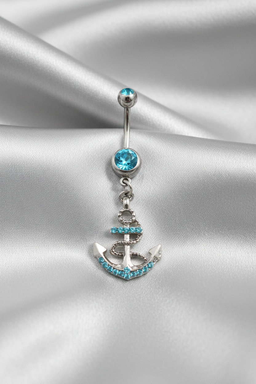 Aqua Crystal Rope Anchor Belly Button Ring in 316l stainless steel.