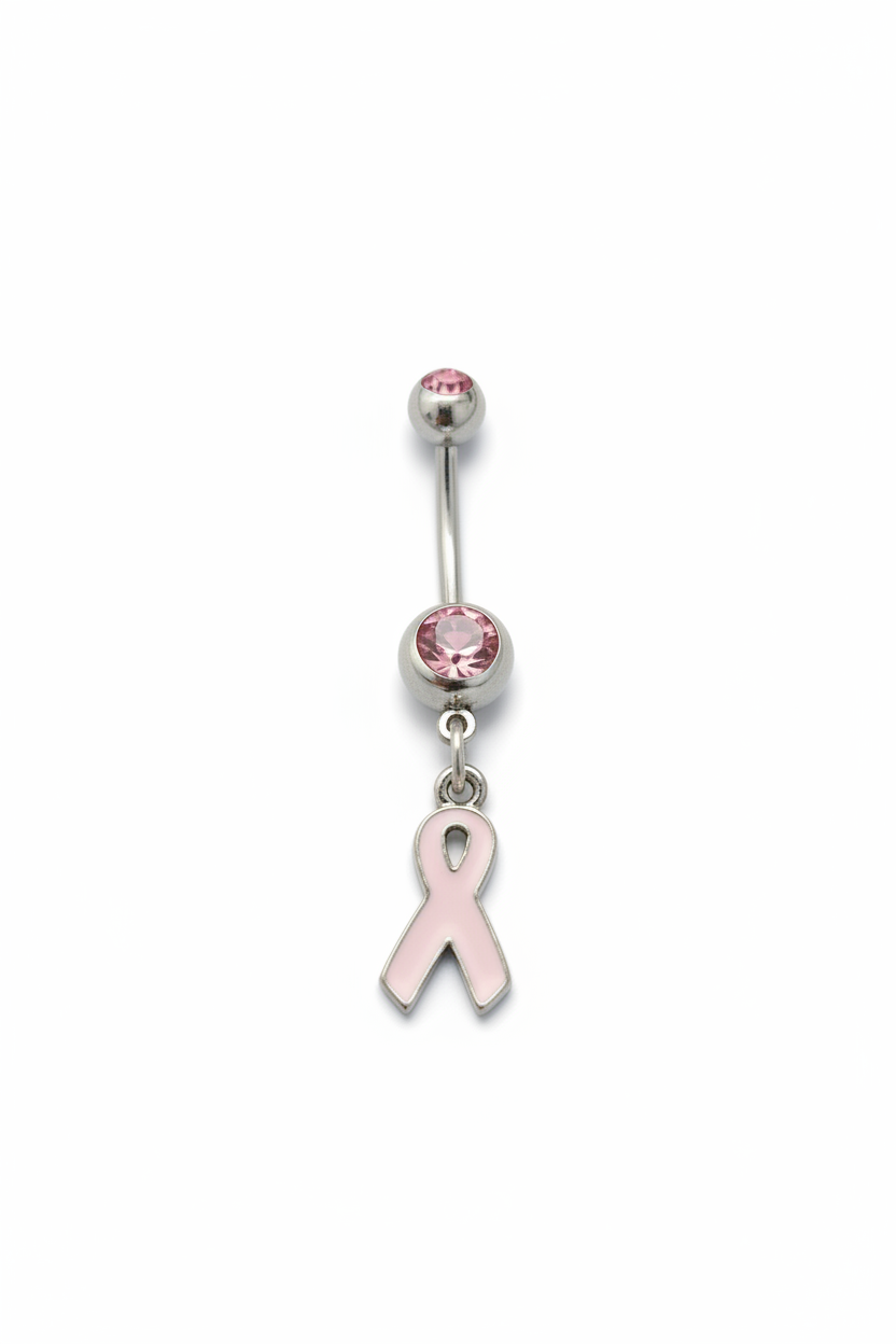 Pink Crystal Hope Ribbon Belly Button Ring in 316l stainless steel close up detail.