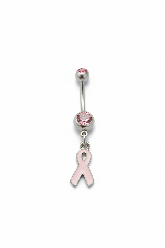 Pink Crystal Hope Ribbon Belly Button Ring in 316l stainless steel close up detail.