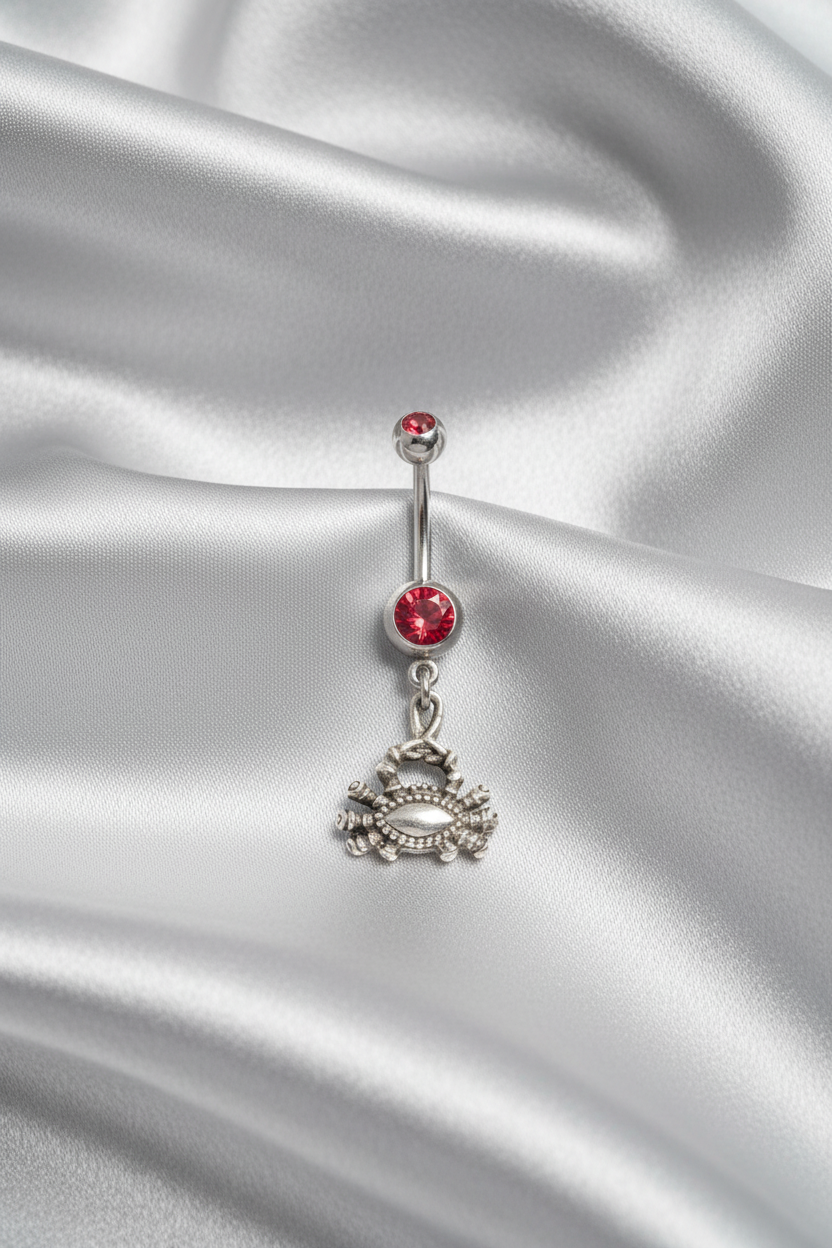 Red Crystal Cancer Crab Belly Button Ring in 316l stainless steel.