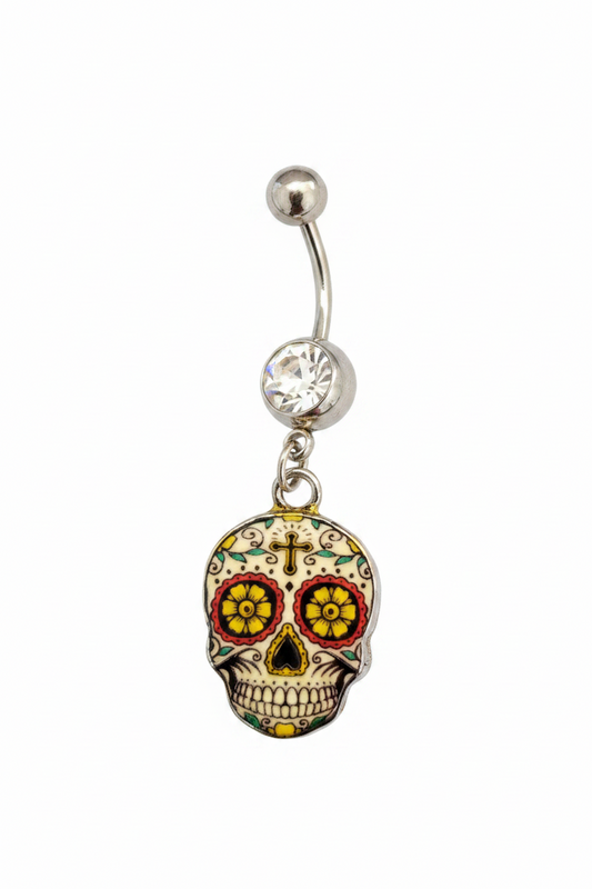 Clear Crystal Sugar Skull Belly Button Ring in 316l stainless steel close up detail.
