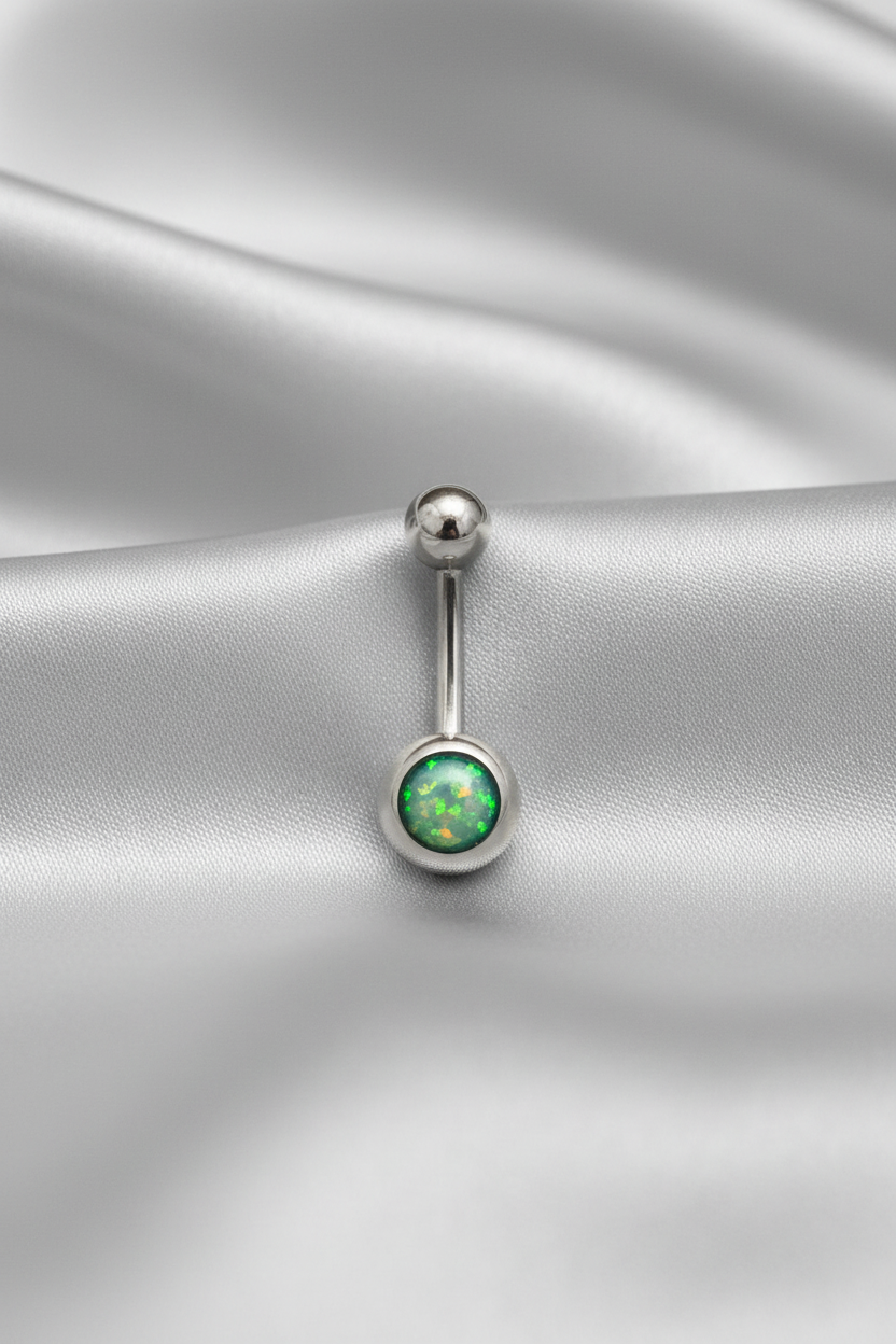 Green Opal belly button ring in 316l stainless steel
