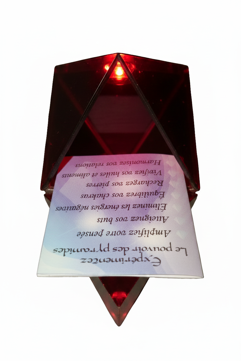Red mini pyramid keepsake box open on a white background showing mirrored base interior.