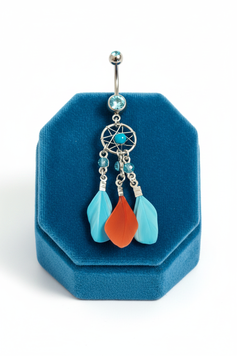 Aqua Crystal Feather Dream Catcher Belly Button Ring in 316l stainless steel on a blue velvet jewelry display.