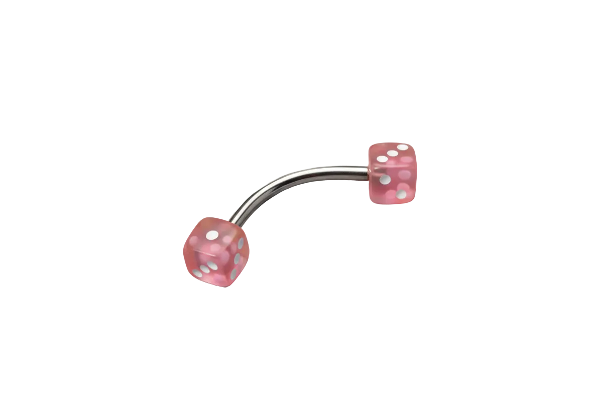 Pink Acrylic Dice Eyebrow Ring in 316l stainless steel close up detail.