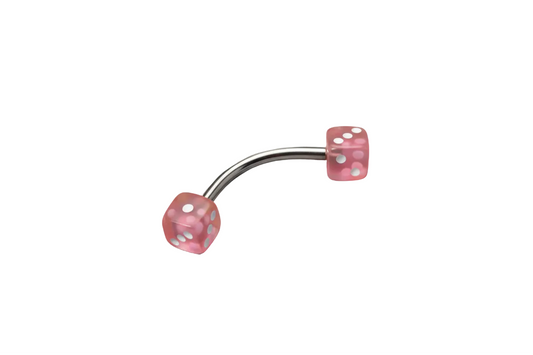 Pink Acrylic Dice Eyebrow Ring in 316l stainless steel close up detail.
