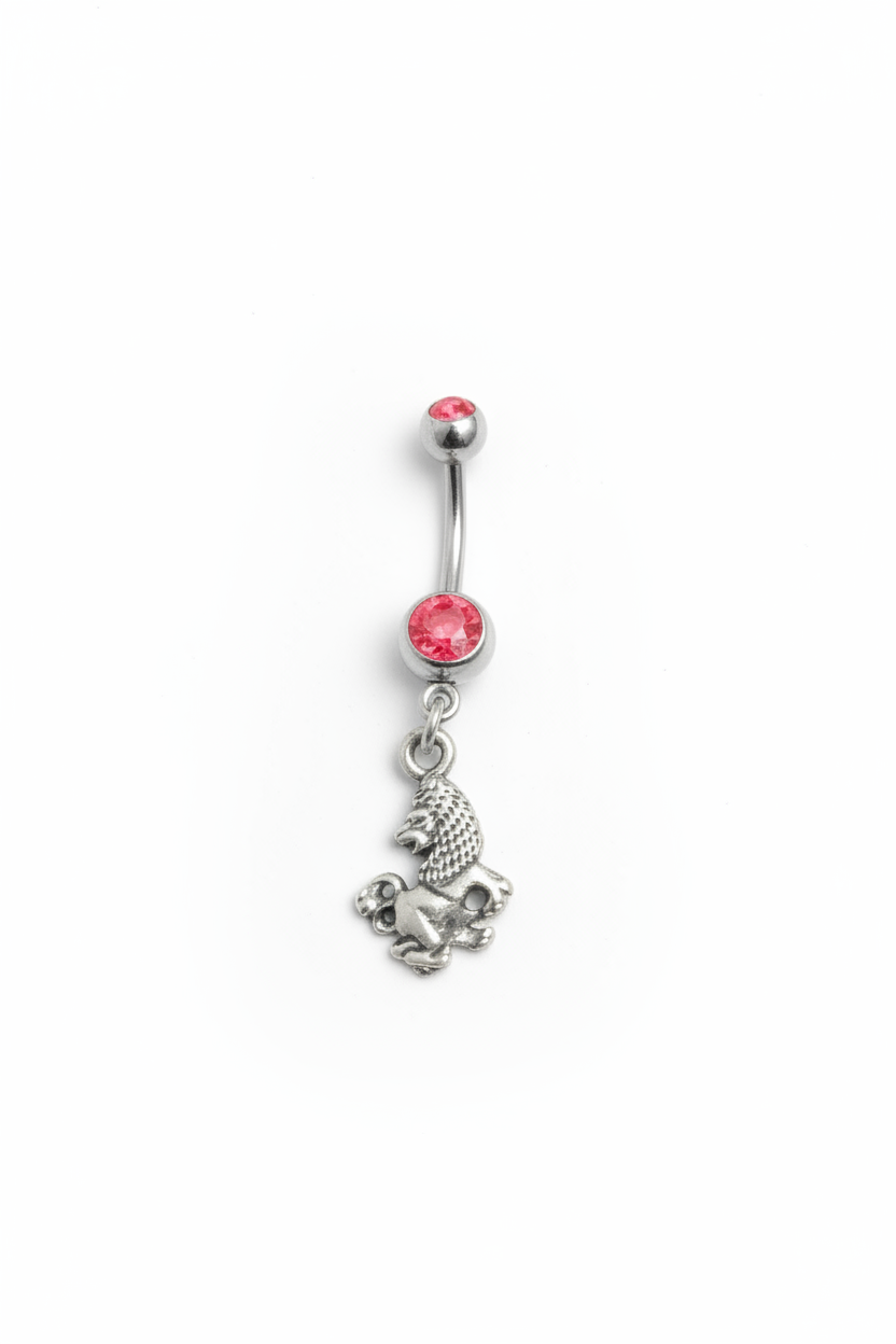 Red Crystal Leo Belly Button Ring in 316l stainless steel close up detail.