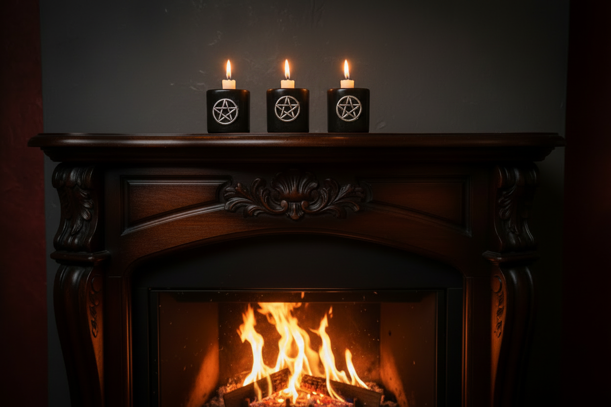 Black Pentagram Ceramic Mini Candle Holder Set of Three on a fireplace mantle with a burning fire and candles lit showing a warm glow.