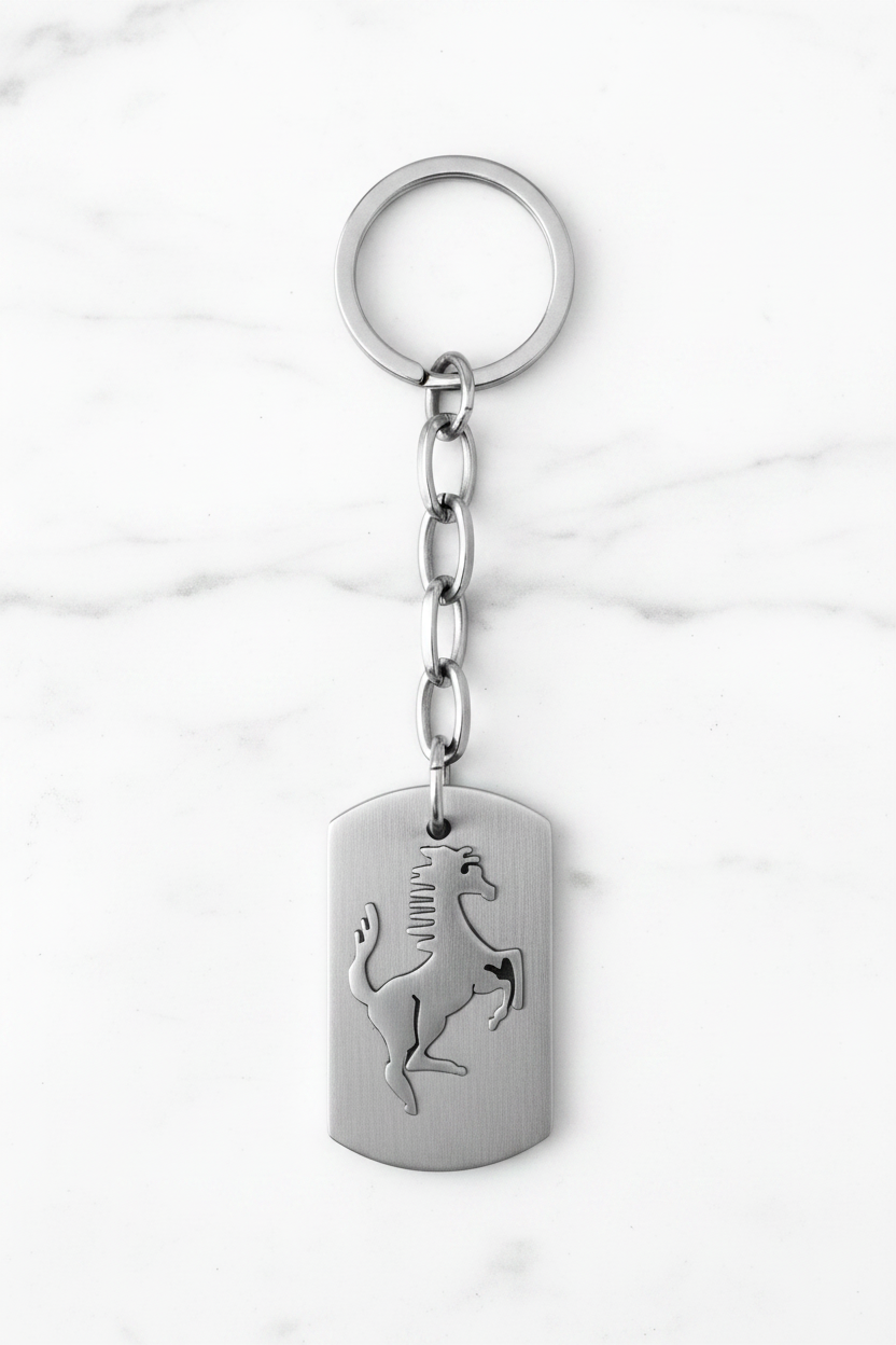 Galloping Horse Handmade 316L Stainless Steel Charm Keychain on  a white marble surface.