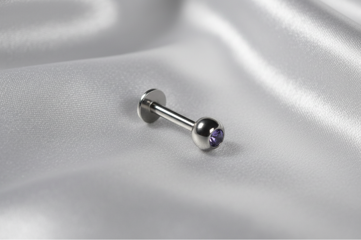 Light Purple Crystal Labret Lip Ring in 316l stainless steel.