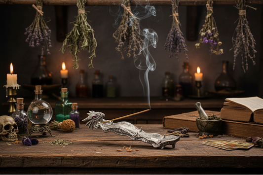 Pink Open Jaws Dragon Resin Incense Holder - Free Incense on the counter in a mystic kitchen with incense burning and smoke rising.