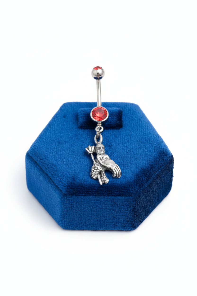 Red Crystal Aquarius Belly Button Ring in 316l stainless steel on a blue velvet jewelry display.