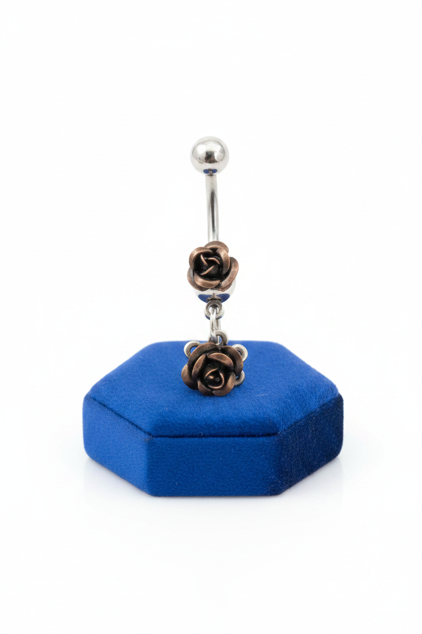 Double Black Rose Belly Button Ring in 316l stainless steel on a blue velvet jewelry display.