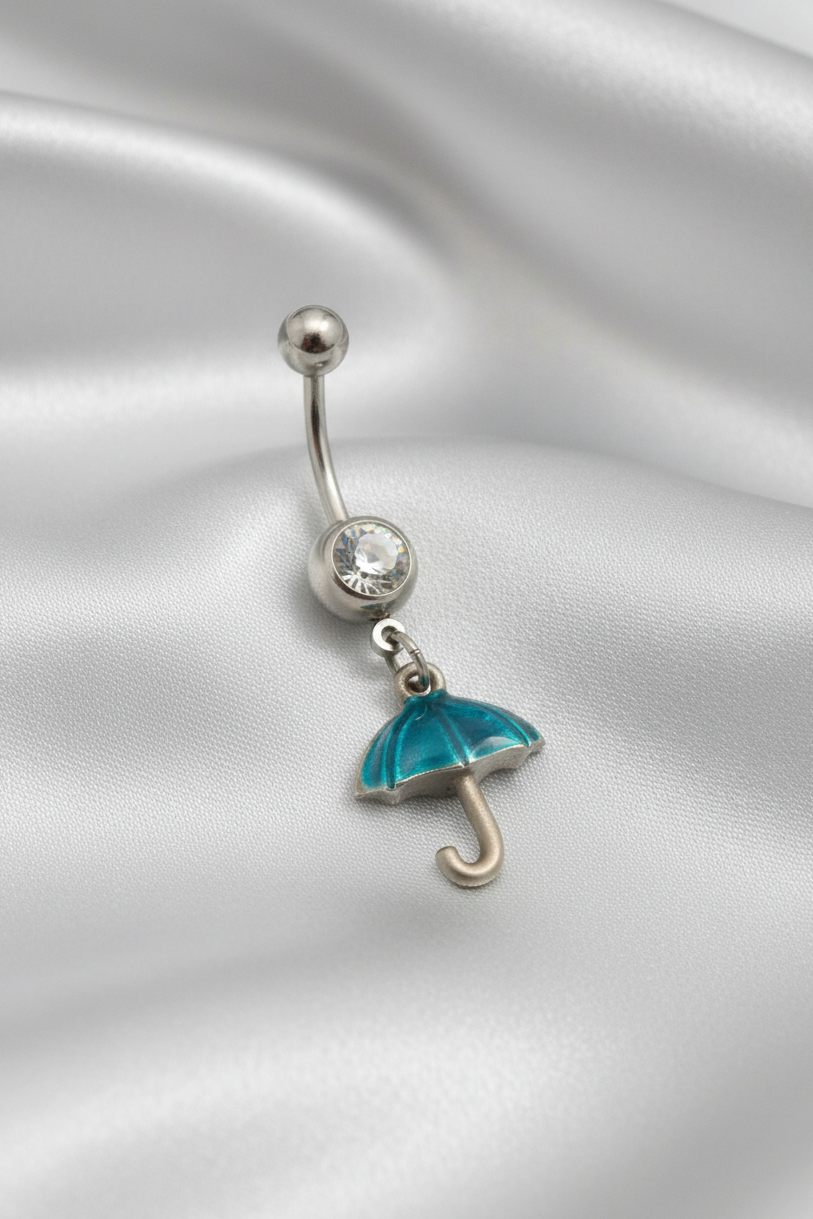 Clear Crystal Aqua Umbrella Belly Button Ring in 316l stainless steel.