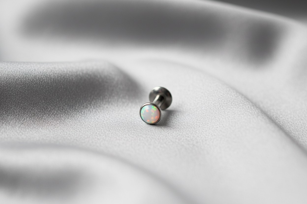 Internally Threaded White Opal Labret Lip Ring in 316l stainless steel.