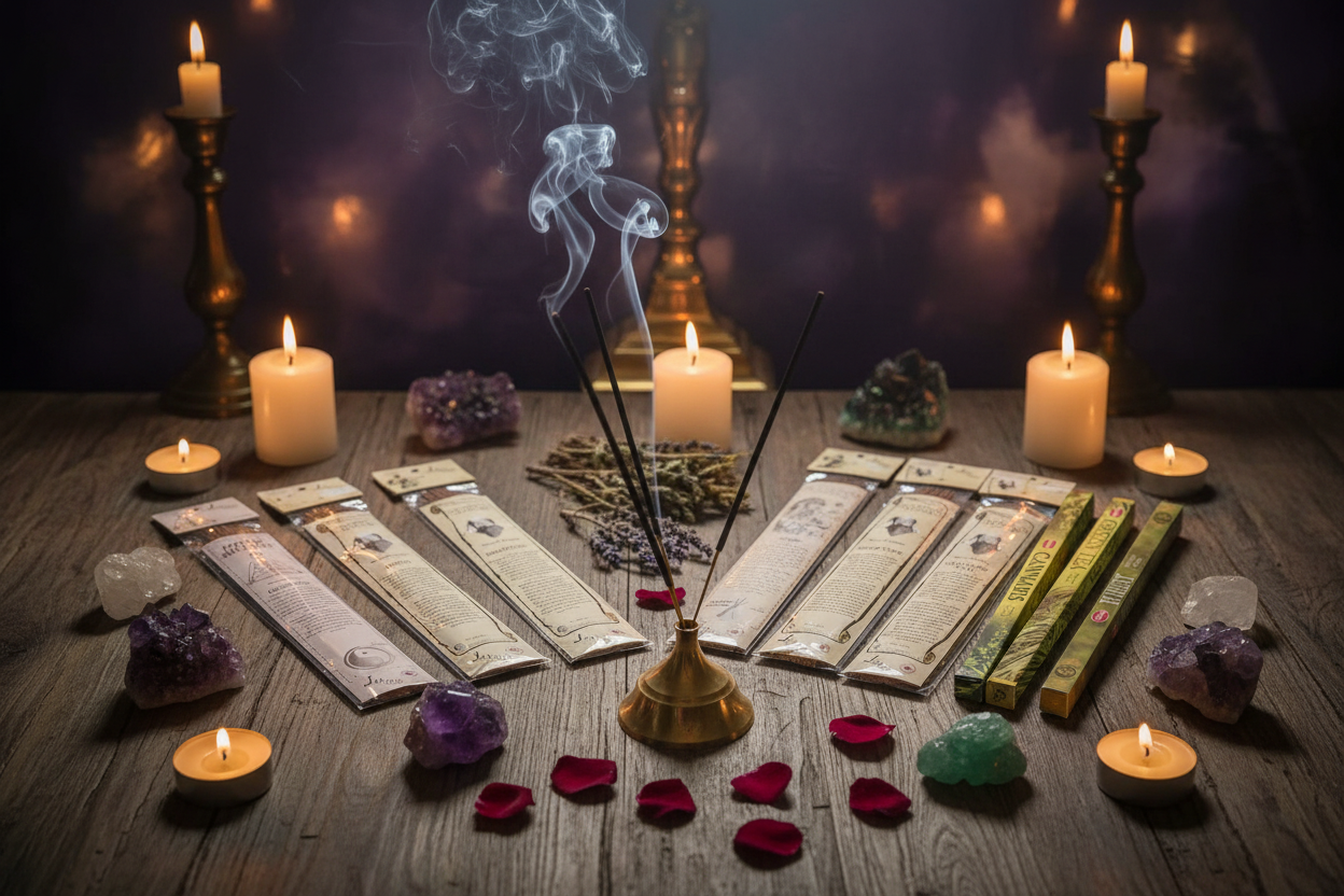 Sacred Garden Incense Variety Gift Package burning in a mystic setting with smoke rising.