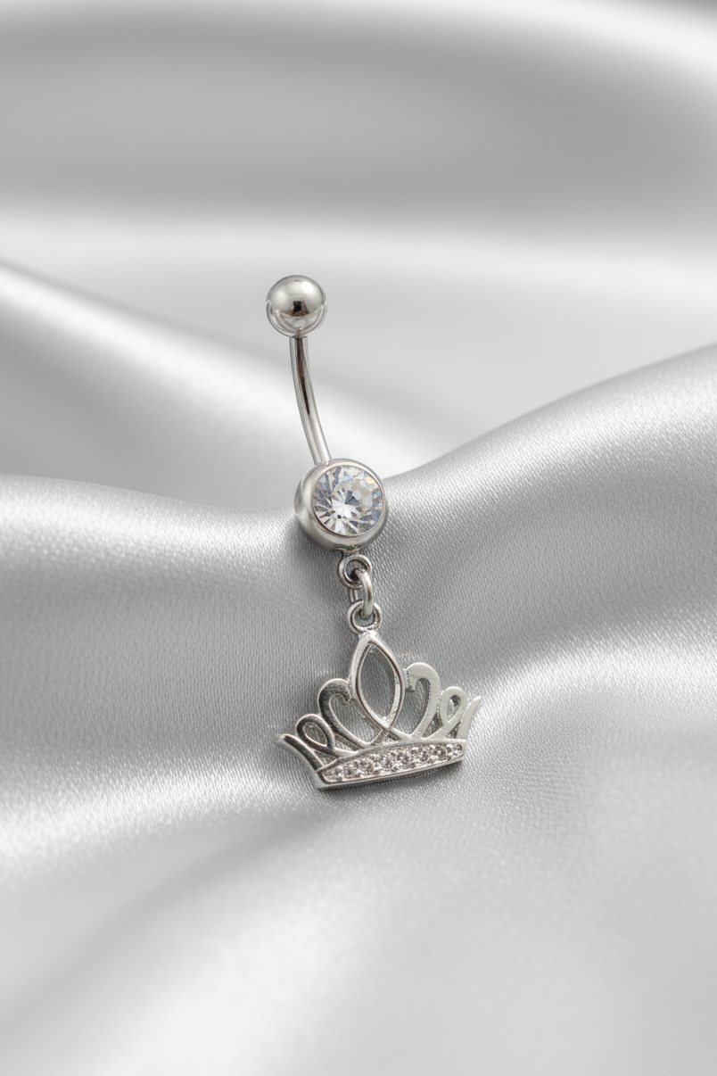 Clear Crystal Crown Belly Button Ring in 316l stainless steel.