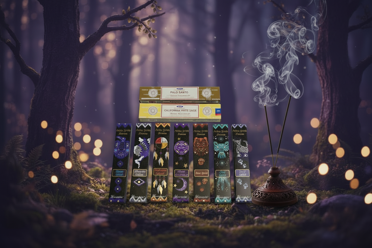 Native Blessings Incense Variety Gift Package burning in a mystic forest with smoke rising.