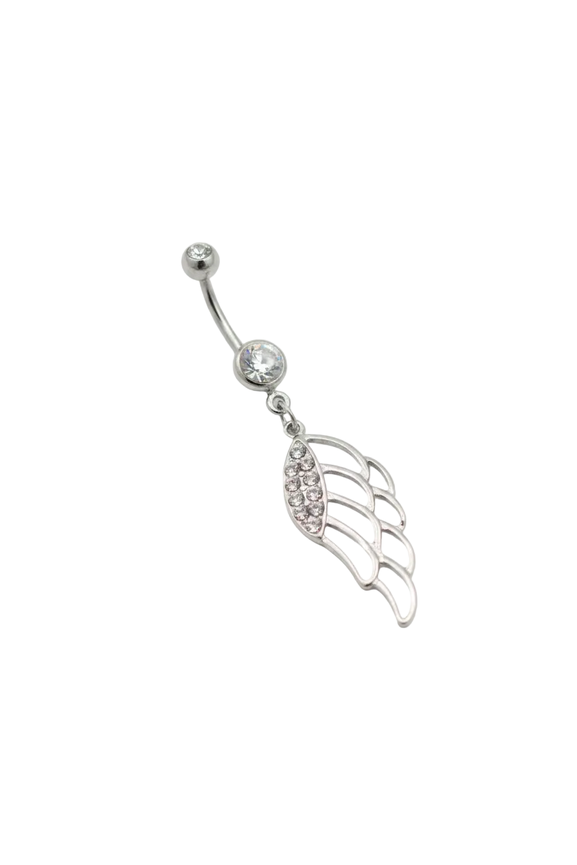 Clear Crystal Wing Belly Button Ring in 316l stainless steel angled right.