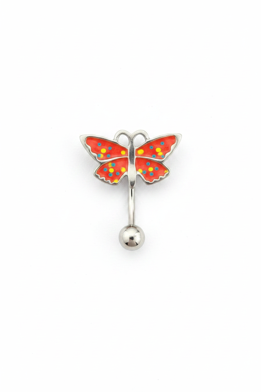 Red Butterfly upside down belly button ring in 316l stainless steel