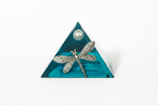 Aqua Dragonfly Mini Glass Pyramid Keepsake Box closed on a white background showing pewter dragonfly charm.