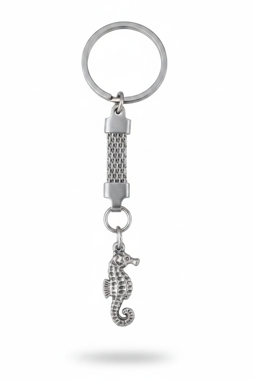 Sea Horse Handmade Silver Plated Charm Keychain on a white background.